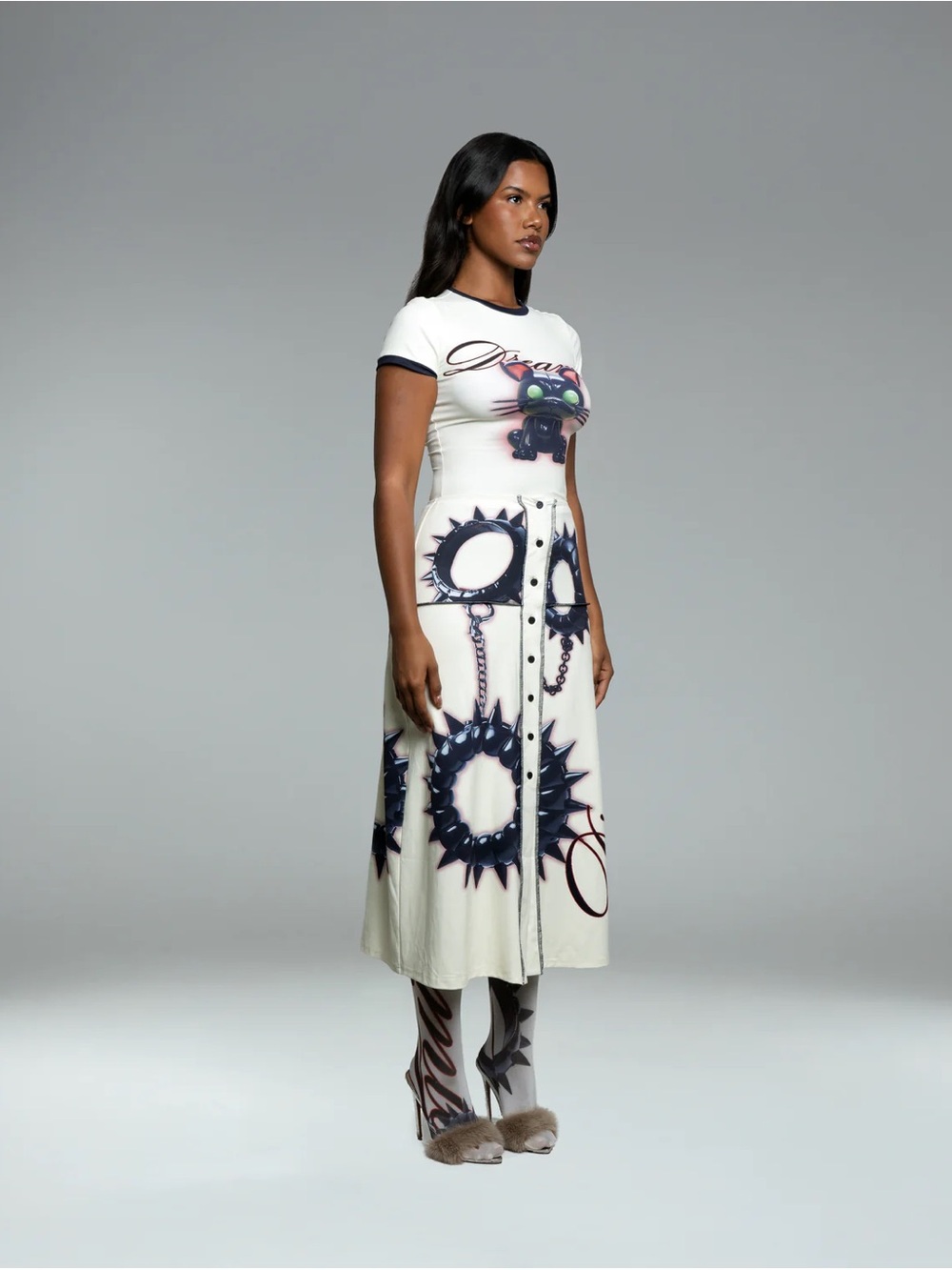 Ivory Graphic Midi Dress with Black Navy Motif